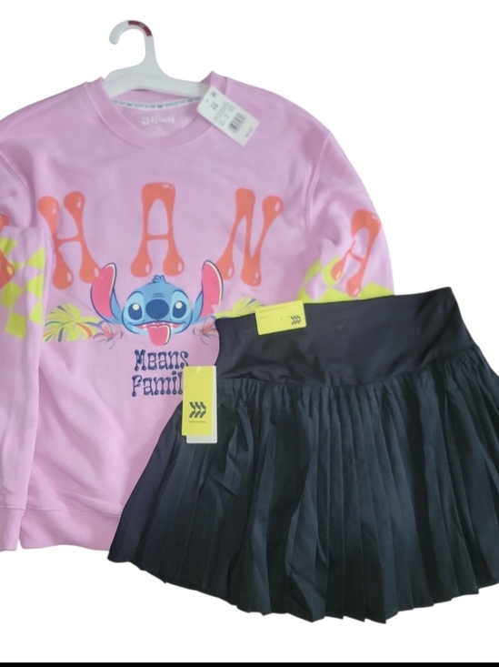 Other - Pink Stitch Graphic Sweatshirt & Black Pleated Skirt Set
